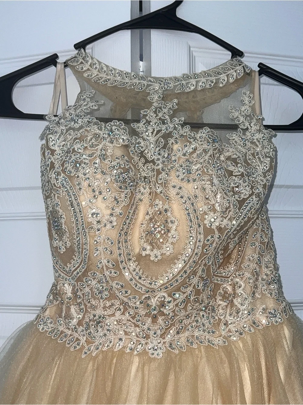 Fiesta Beaded Champagne/ Gold Homecoming & Holiday Party Dress | Juniors XS